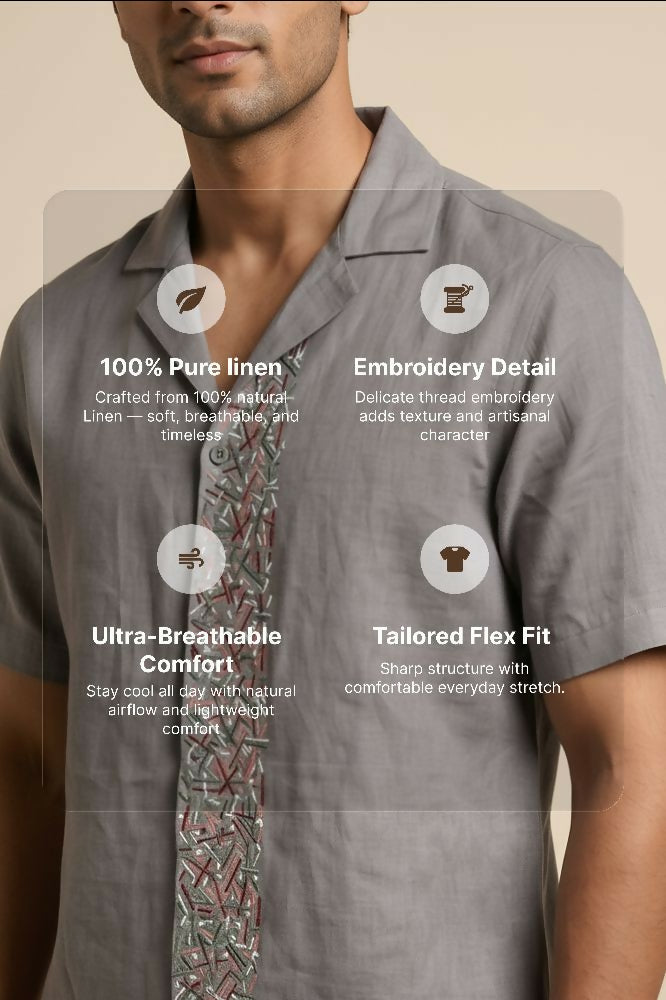 Driftstone — Grey Embroidered Linen Shirt by Hilo Design