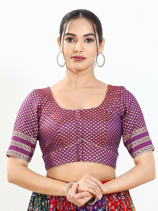 Joban Fashion Purple Brocade Padded Blouse With Round Neck Elbow Sleeves