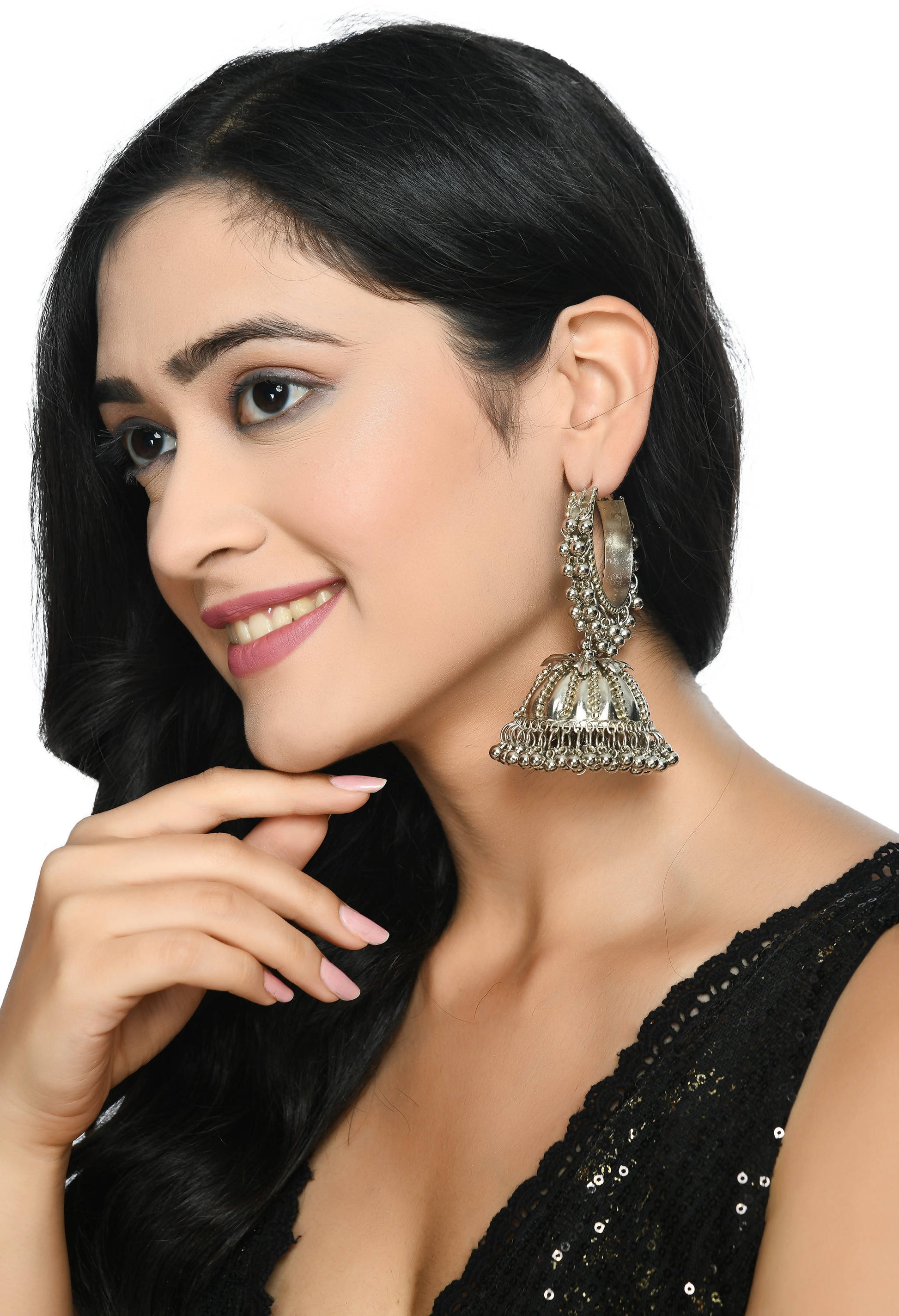 Mominos Fashion Johar Kamal Oxidised Silver-Plated With Ghungroo Jhumkas - Grab2buy