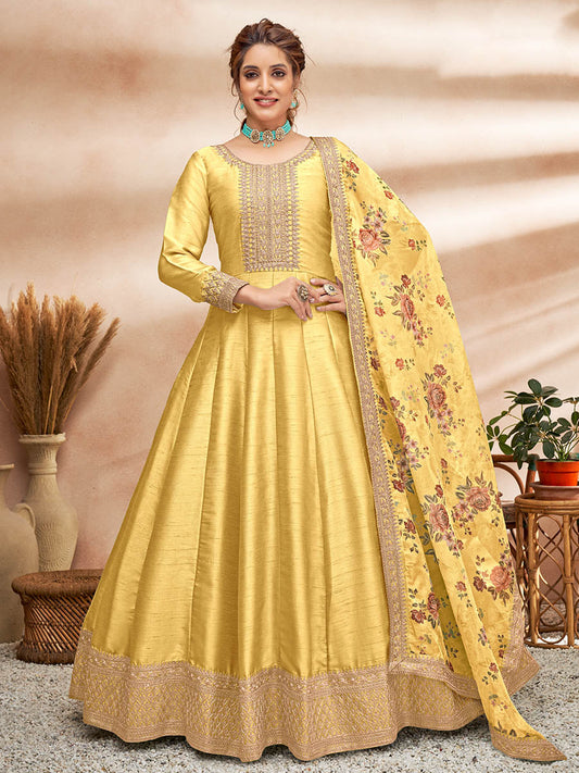 Myra Yellow Art Silk Embroidered Anarkali Suit 