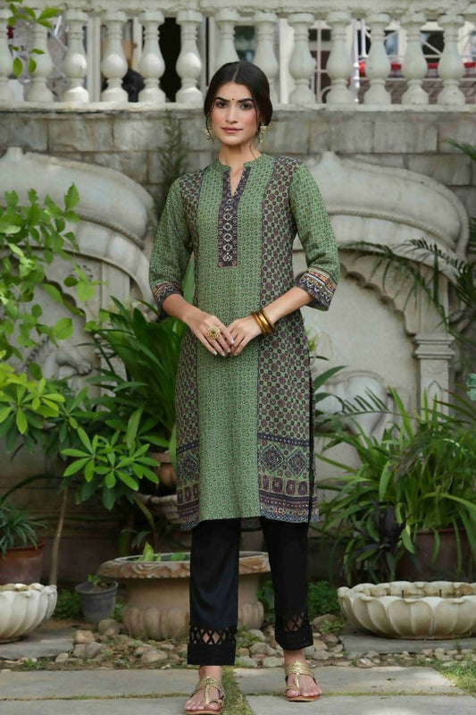 Juniper Green Ethnic Motif Printed Rayon calf length Kurta with Beads & Gota Work