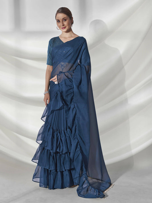 Teal Organza Solid Saree With Unstitched Blouse Piece - Shanaya