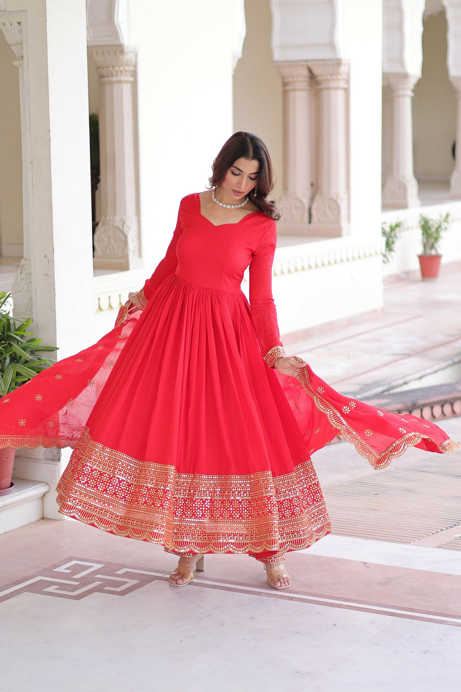 Joban Fashion Red Readymade Kurta Set With Sequence embroidery Work