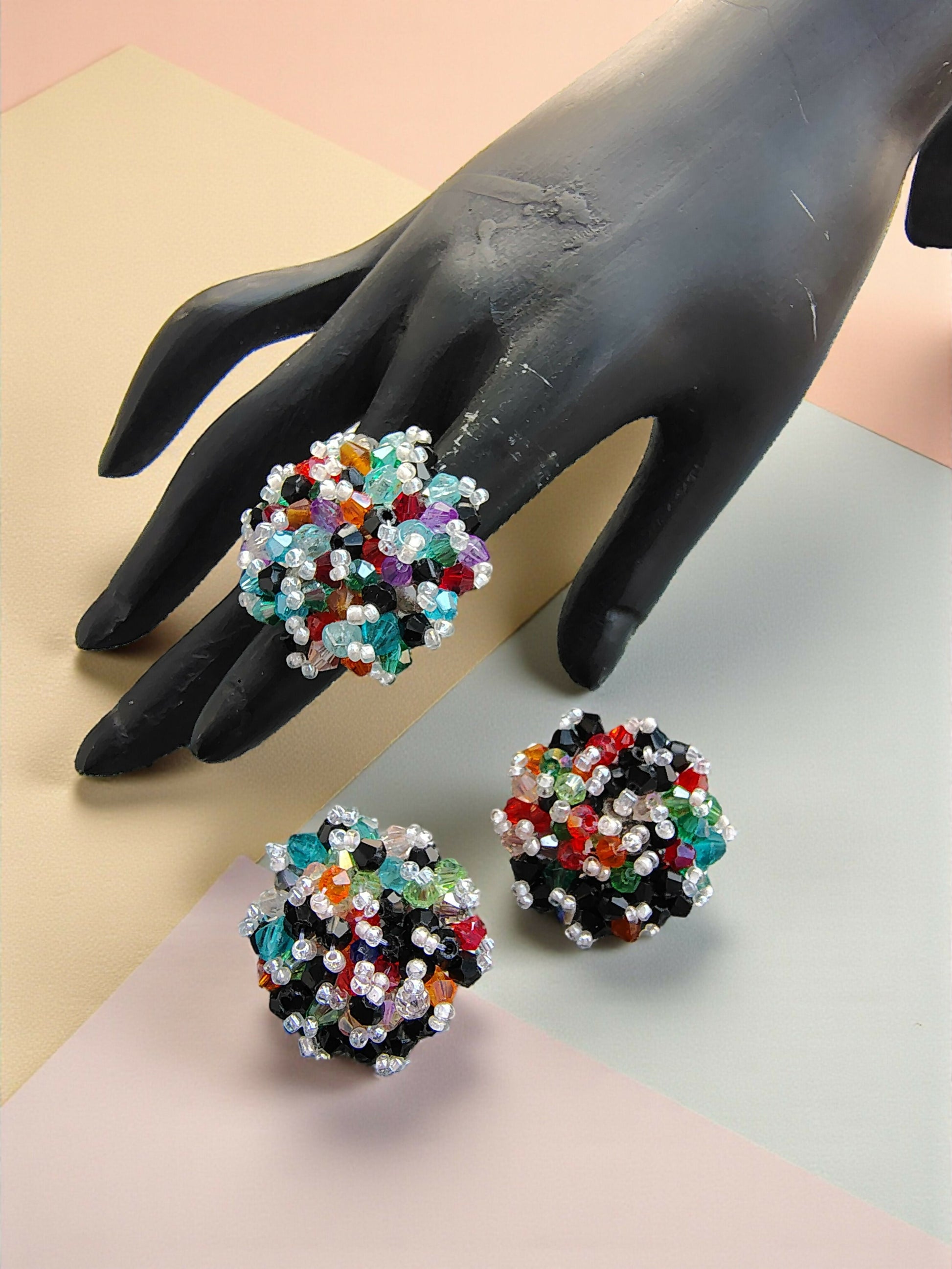 Inhanns Rangmani Crystal Duo – Adjustable Ring + Statement Earrings Set - Multicolor 1