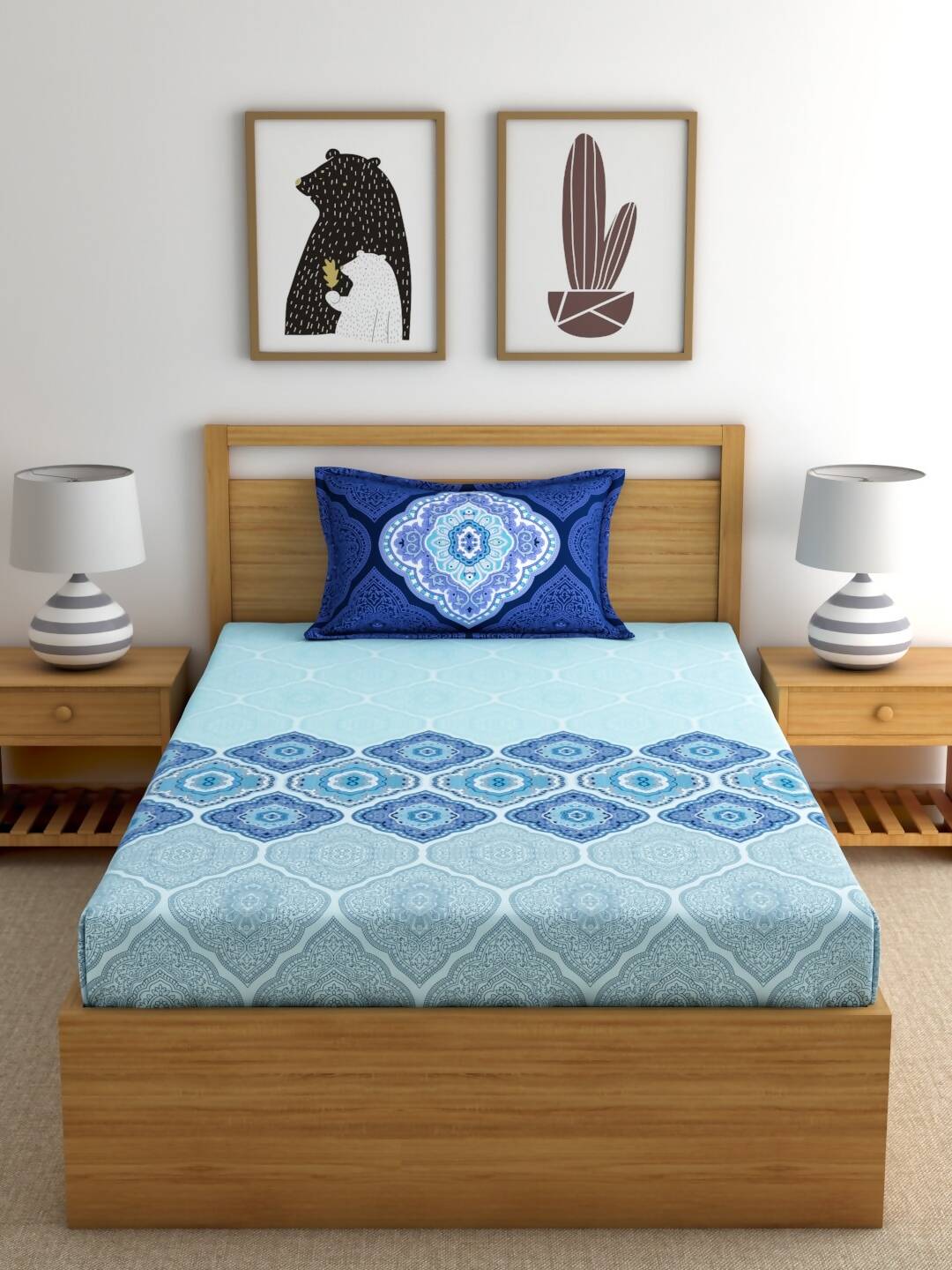 Dreamscape Blue Ethnic 144 TC Cotton Bedsheet with Reversible Pillow Covers 