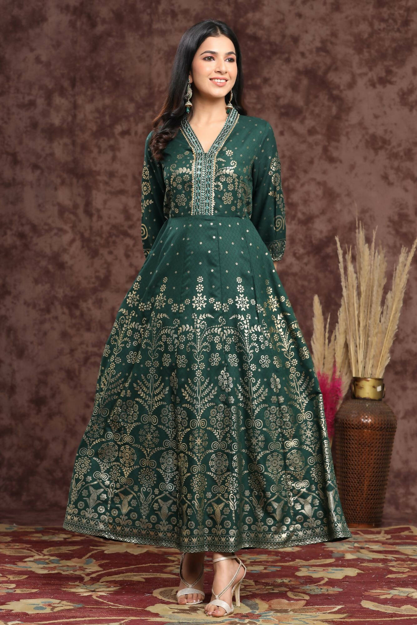 Juniper Women Jadegreen Rayon Printed Anarkali Dress