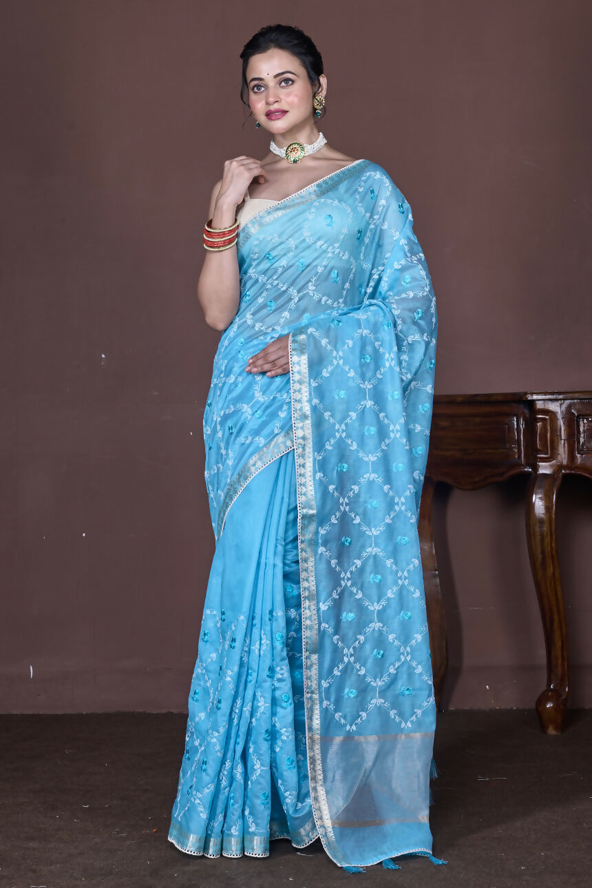 Morchari Sky Blue Cotton Chanderi Embroidery Saree Unstitched Blouse
