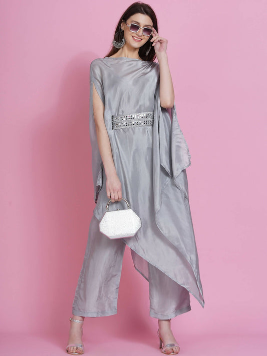 Women Republic Grey Opara Silk Kurta With Belt And Palazzo - Grab2buy