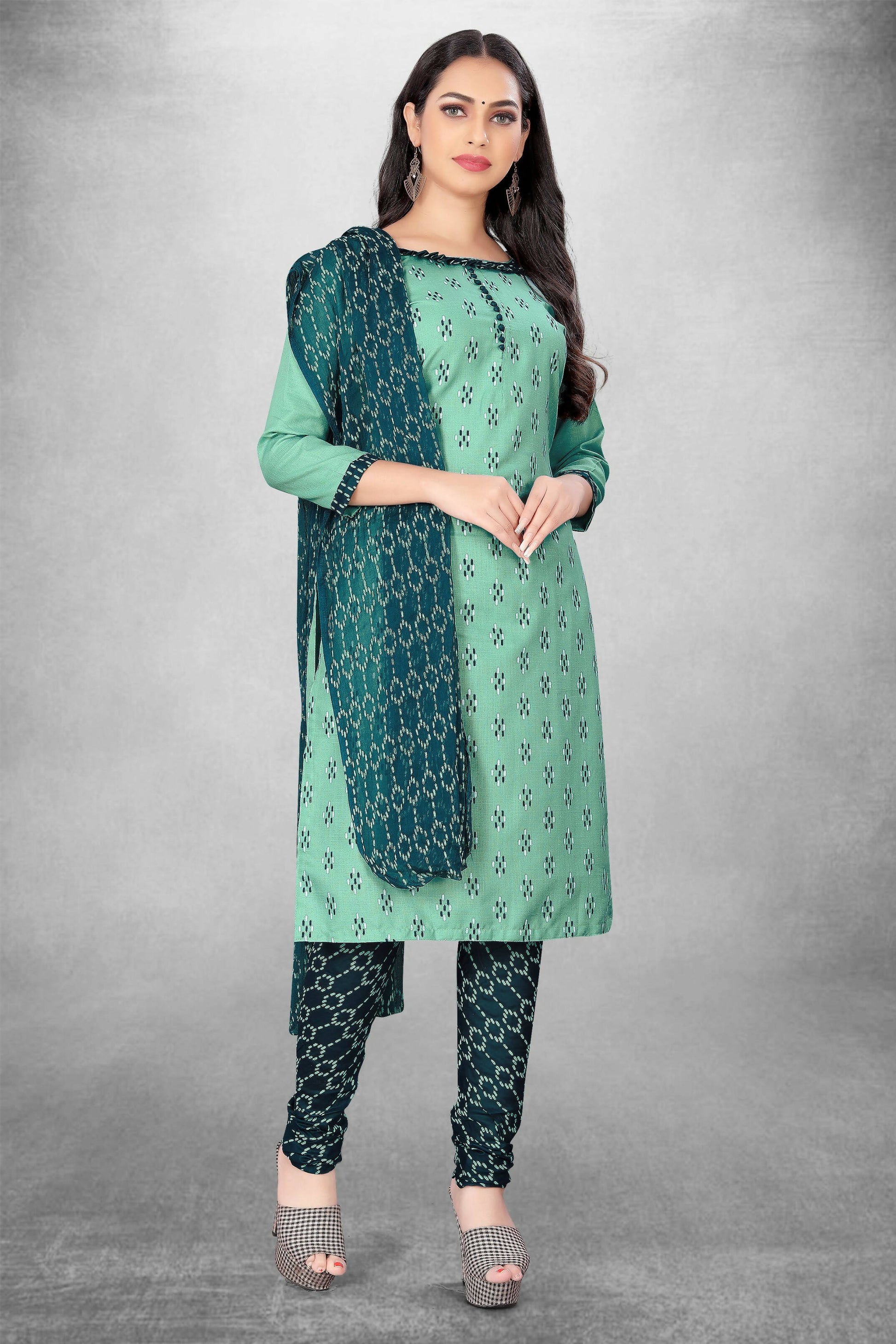 Sea Green Cotton Printed Unstitched Dress Material - Amara