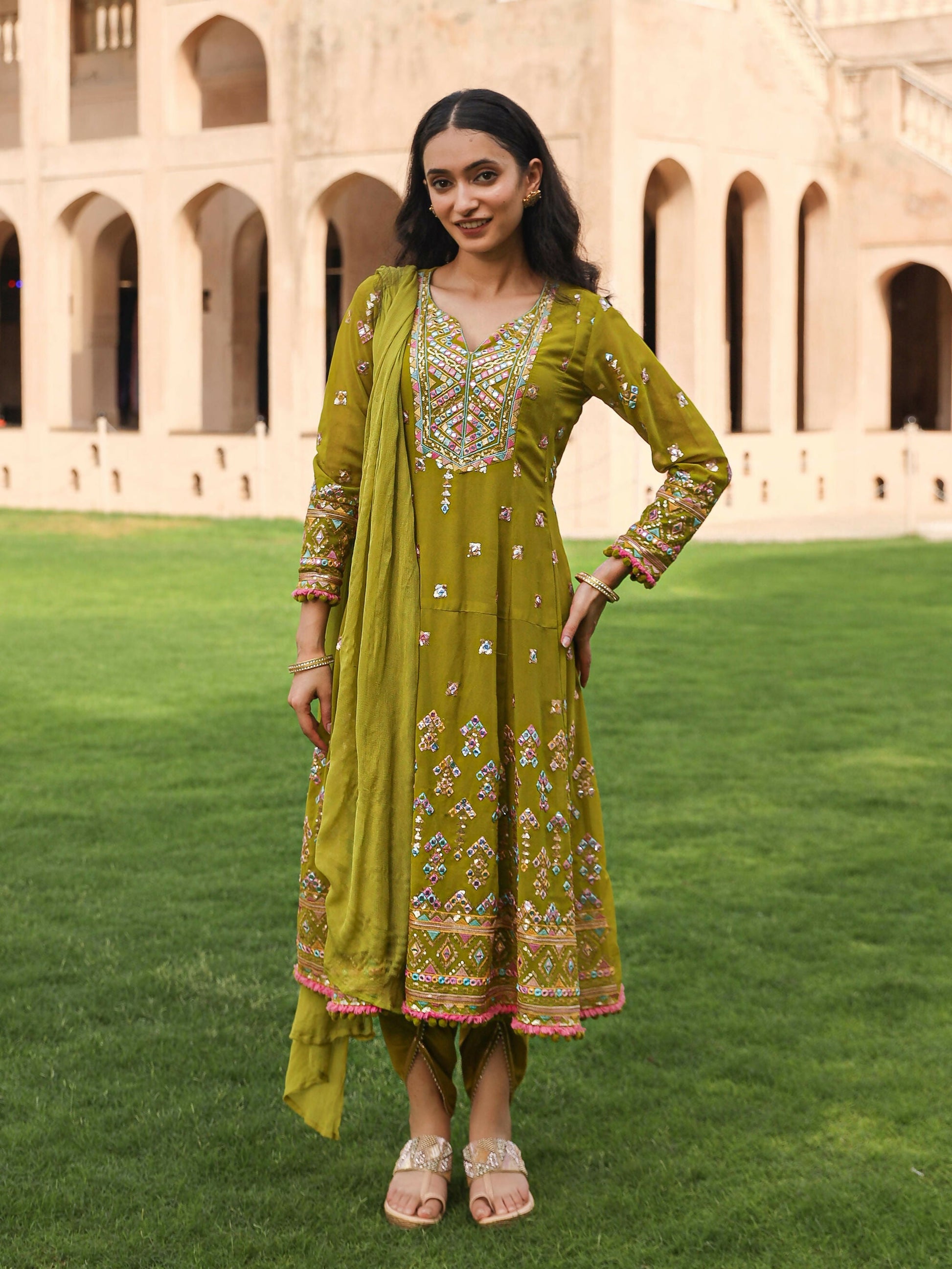Juniper Women's Green Thread Embroidered Georgette Kurta Dhoti Pant & Dupatta Set With Mirror Work & Sequins