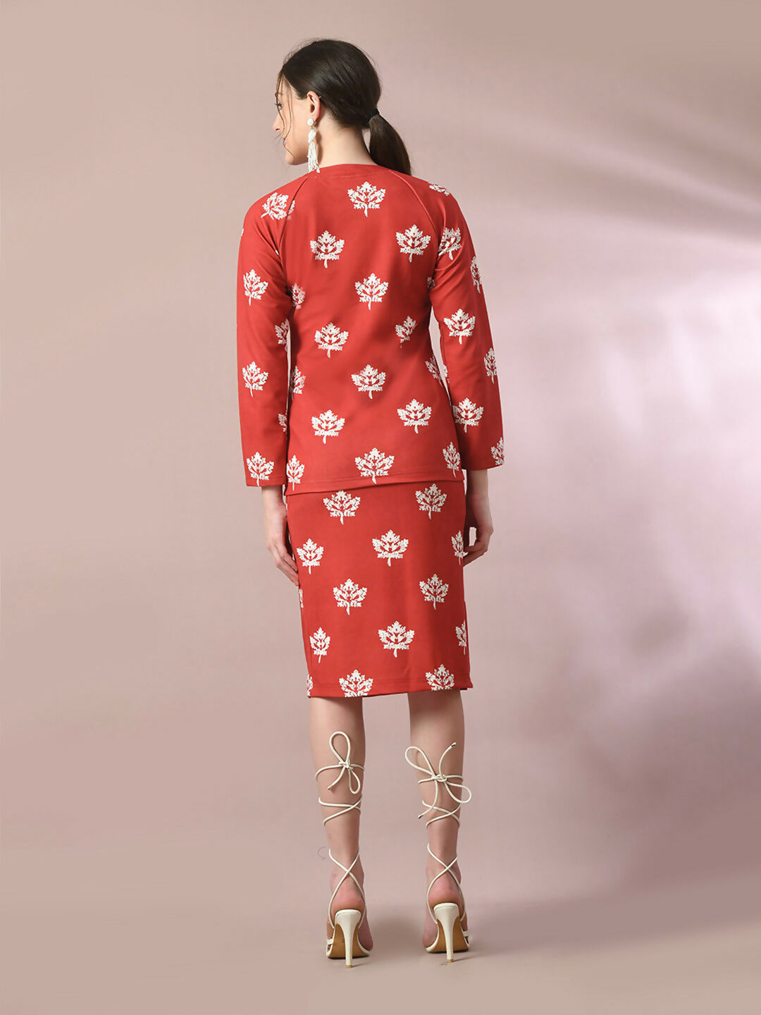 Myshka Women's Rust Printed Round Neck Party Top With Skirt Co-ord set 