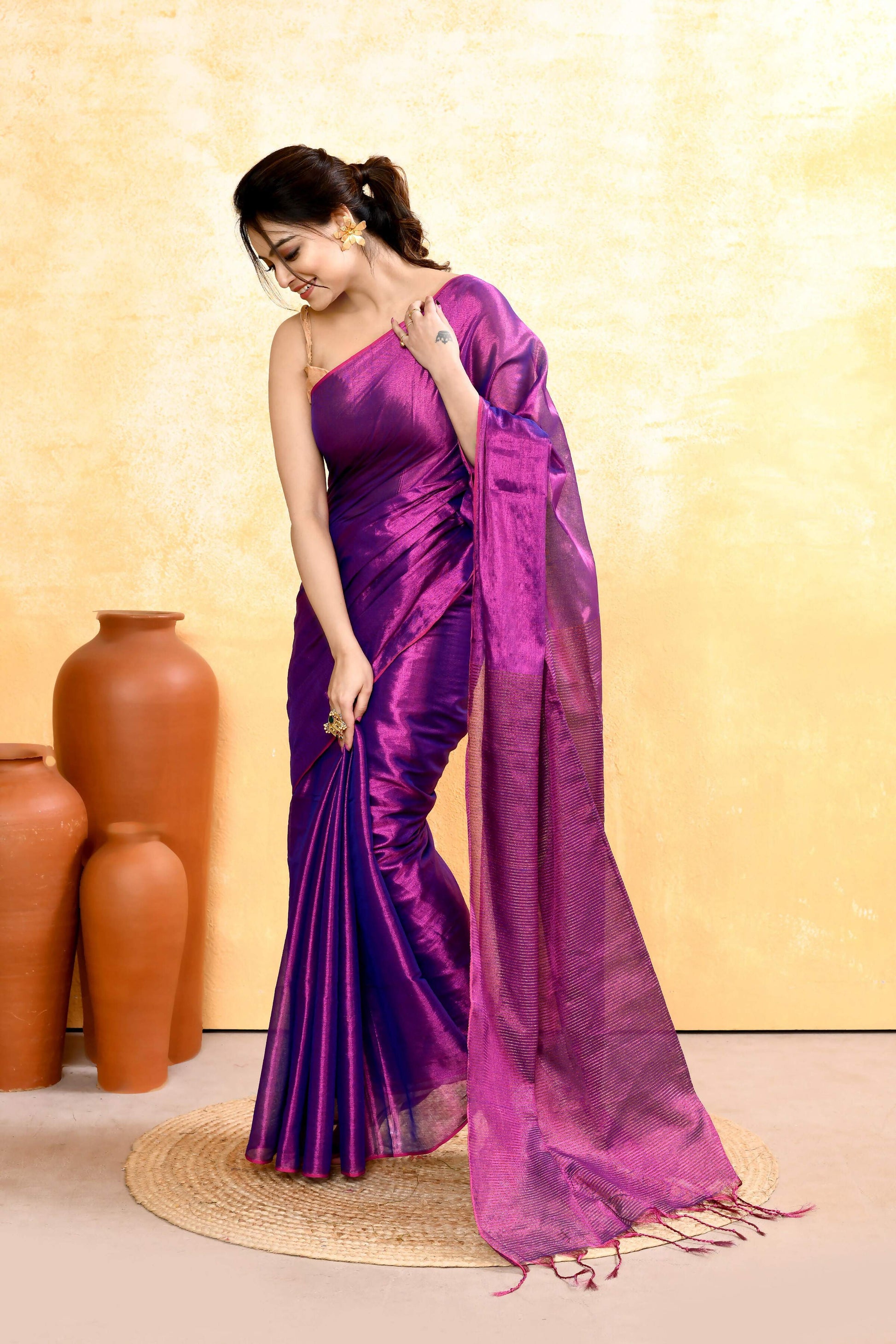 Piyari Fashion Women's Violet Dual Tone Organic Tissue Saree With Blouse Piece