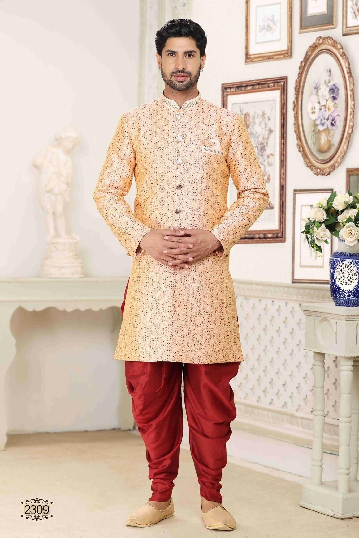 Raivat Ethnic Banarasi Jacquard Embroidery Semi Indo Western Sherwani In Cream Maroon Colour | Swadesiicart