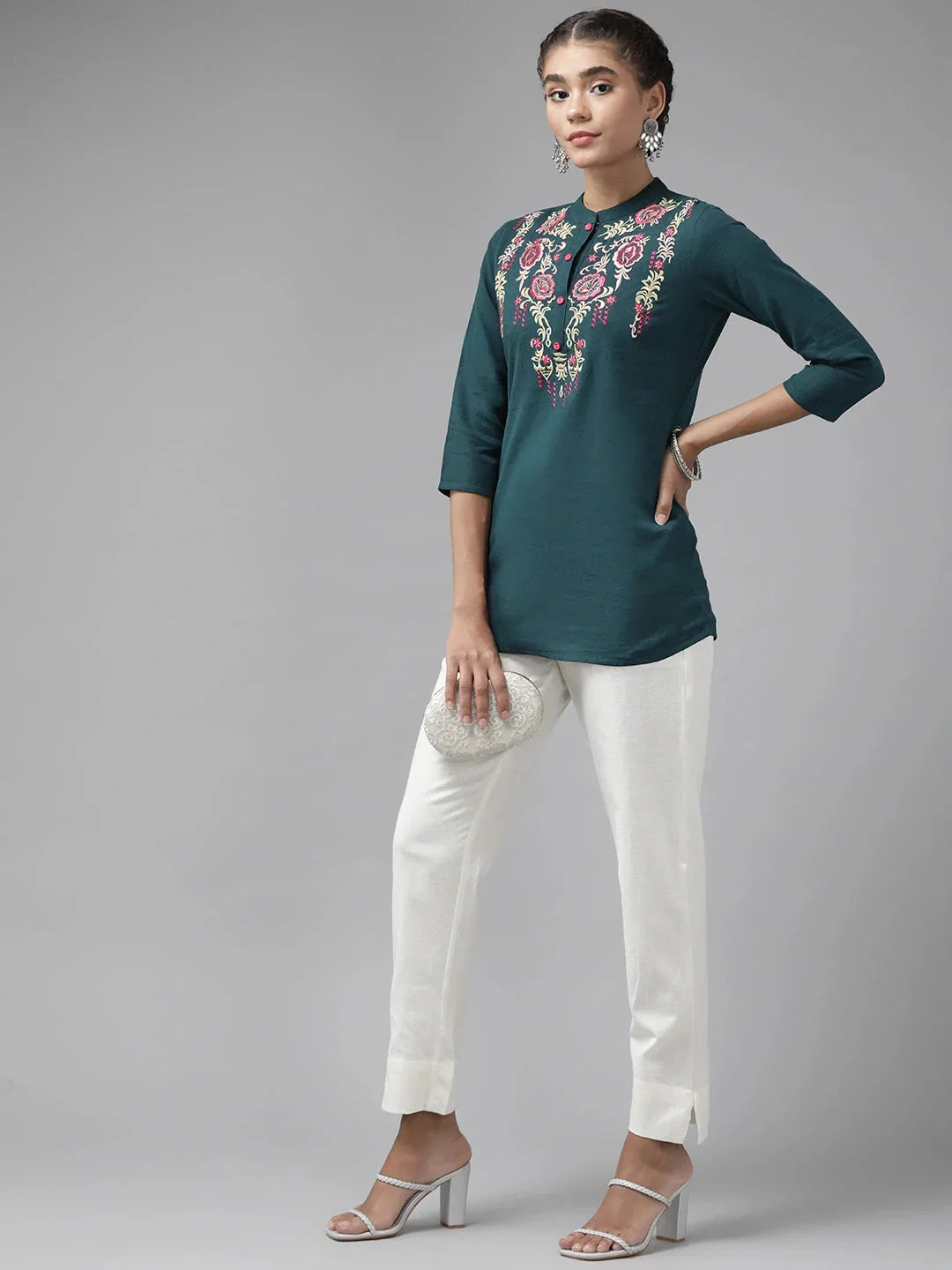 Yufta Teal Floral Embroidered Top  Grab2Buy Yufta Grab2Buy