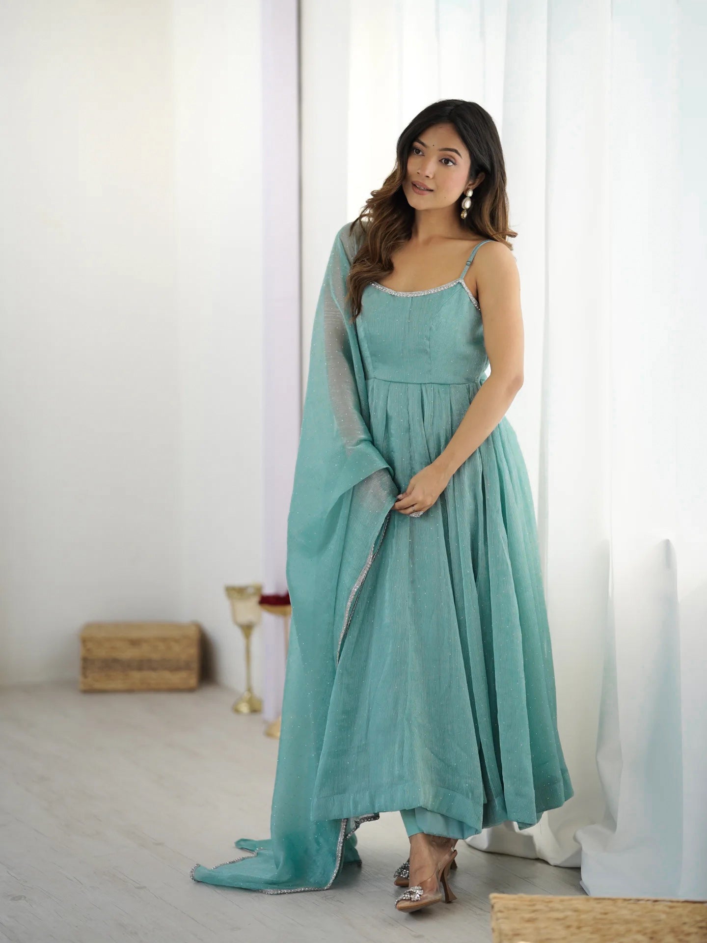 Lorenvalley Teal Crunchy Silk Fabric with Siroski Work Anarkali Pant With Dupatta Set 
