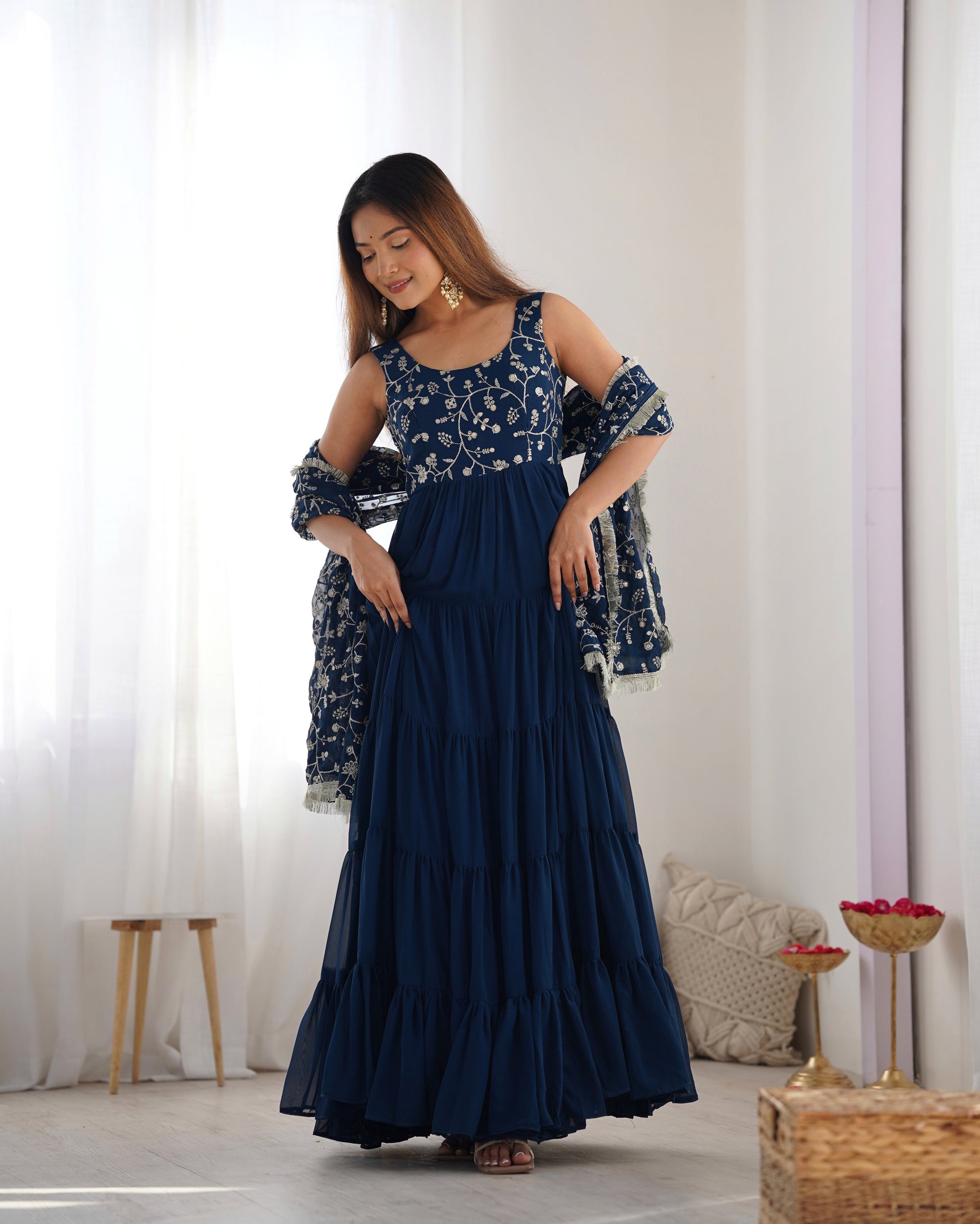 Lorenvalley Teal Faux Georgette Layer Gathering Anarkali Pant With Dupatta Set 