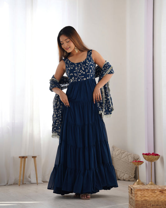 Lorenvalley Teal Faux Georgette Layer Gathering Anarkali Pant With Dupatta Set 