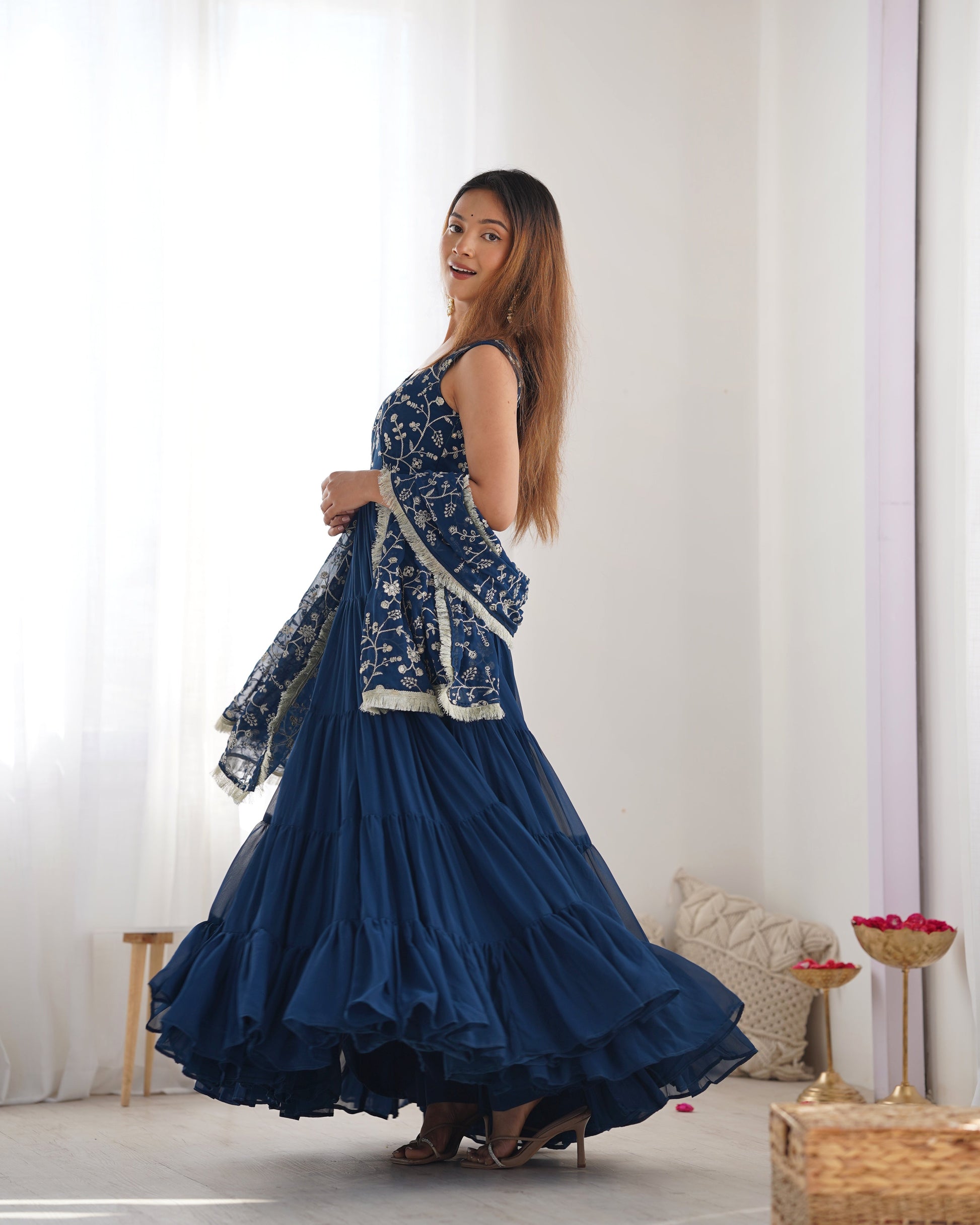 Lorenvalley Teal Faux Georgette Layer Gathering Anarkali Pant With Dupatta Set 