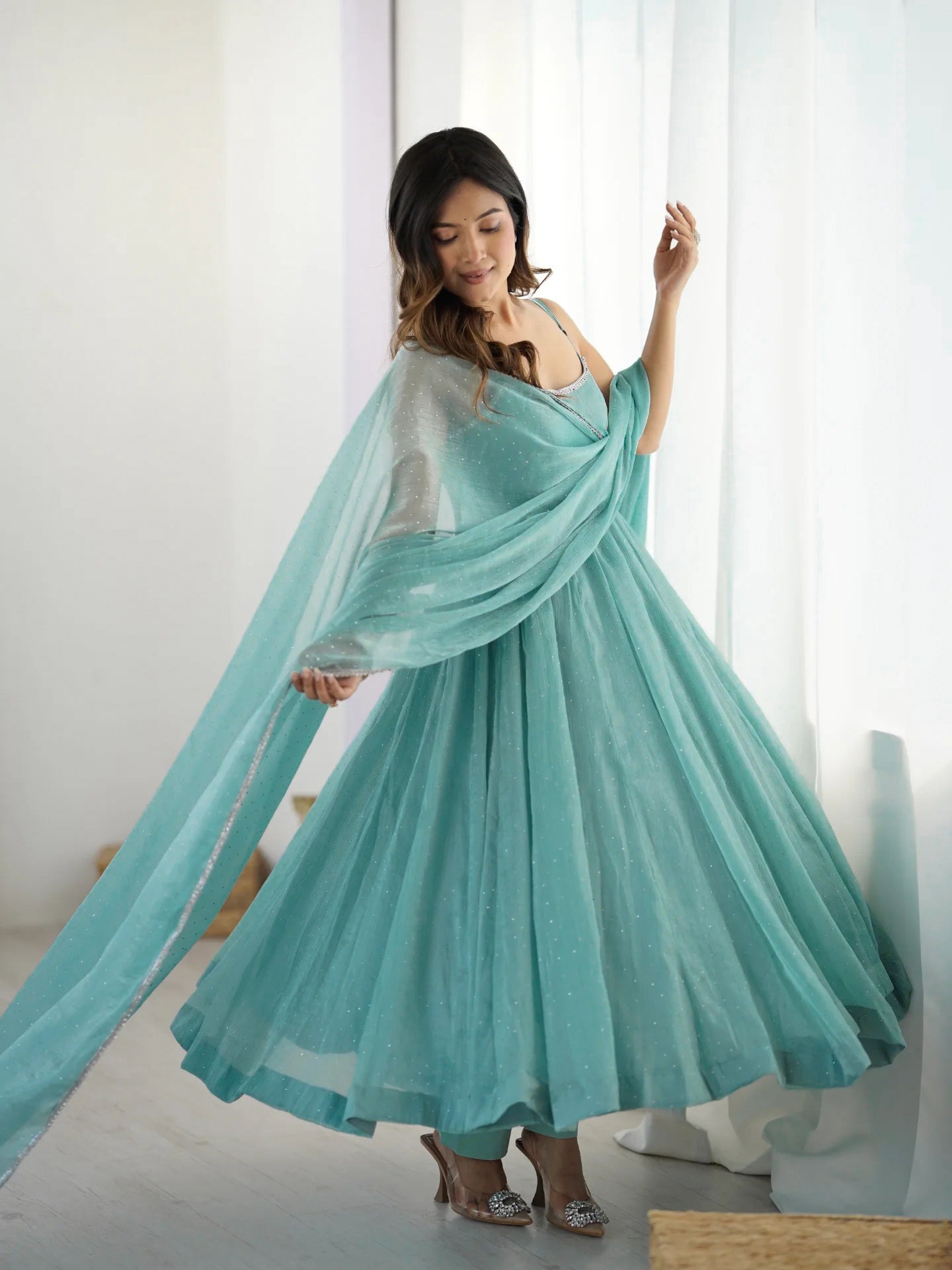 Lorenvalley Teal Crunchy Silk Fabric with Siroski Work Anarkali Pant With Dupatta Set 
