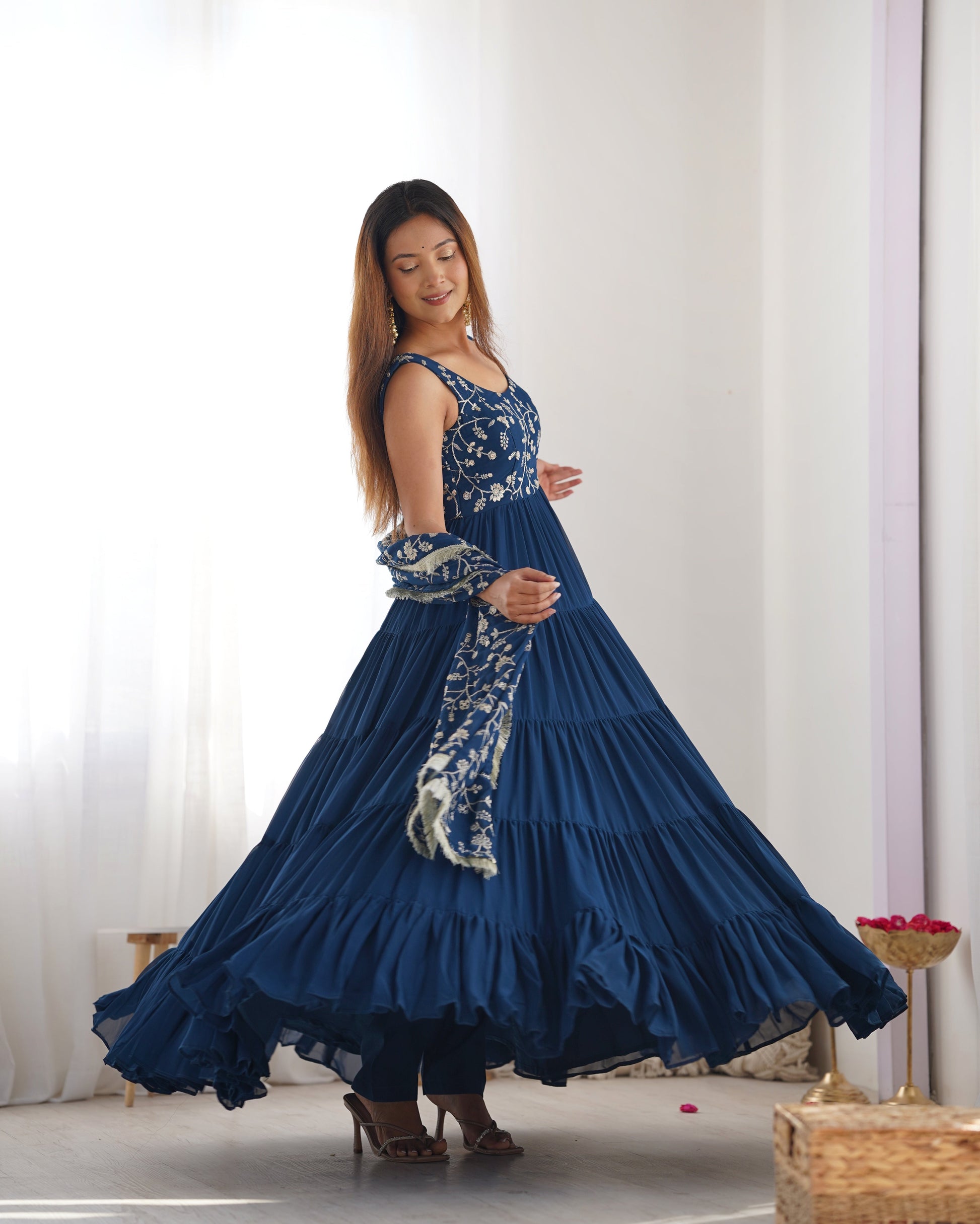 Lorenvalley Teal Faux Georgette Layer Gathering Anarkali Pant With Dupatta Set 