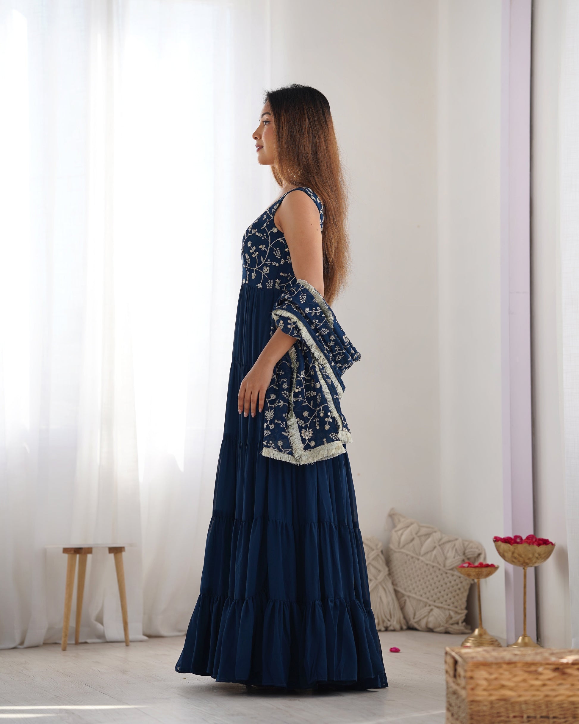 Lorenvalley Teal Faux Georgette Layer Gathering Anarkali Pant With Dupatta Set 