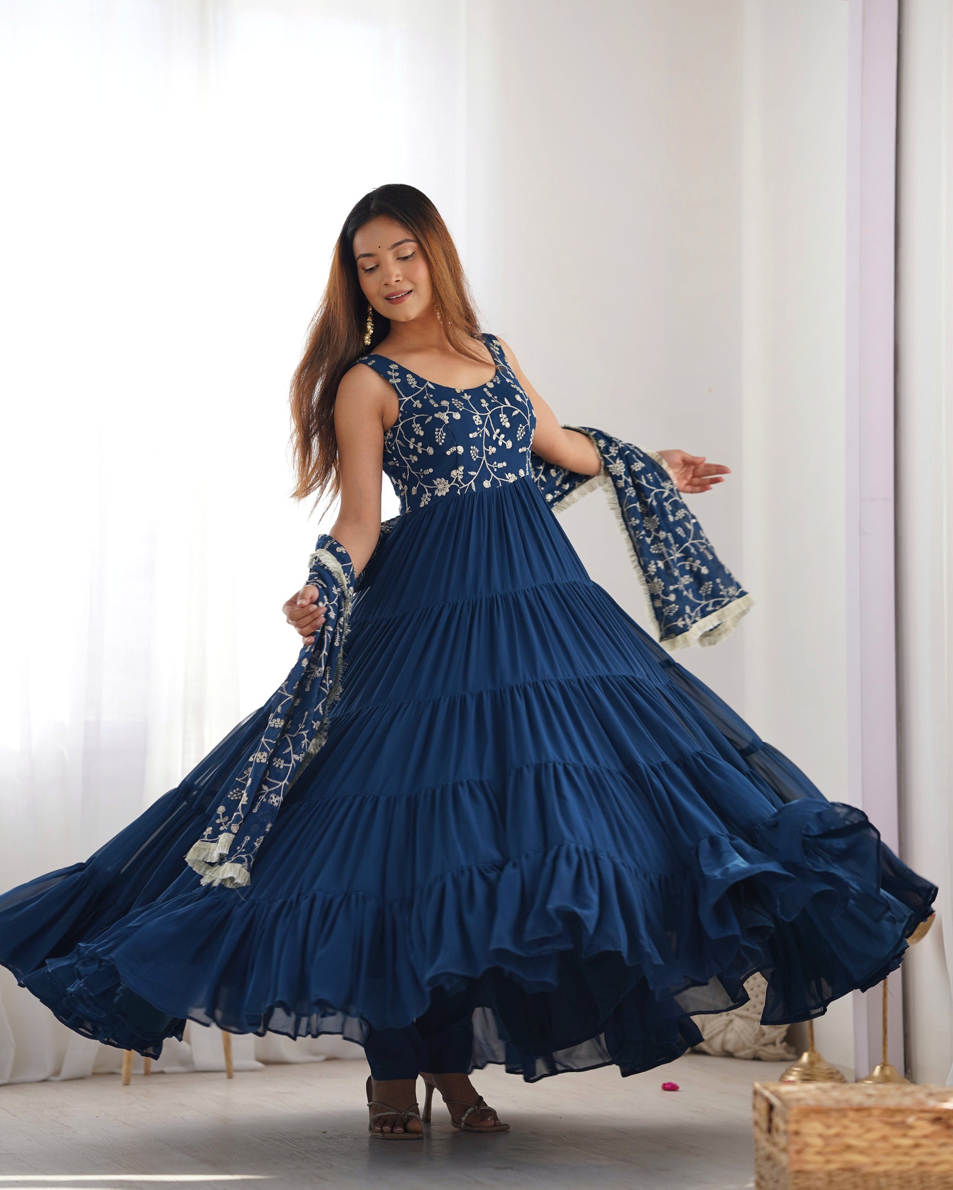 Lorenvalley Teal Faux Georgette Layer Gathering Anarkali Pant With Dupatta Set 