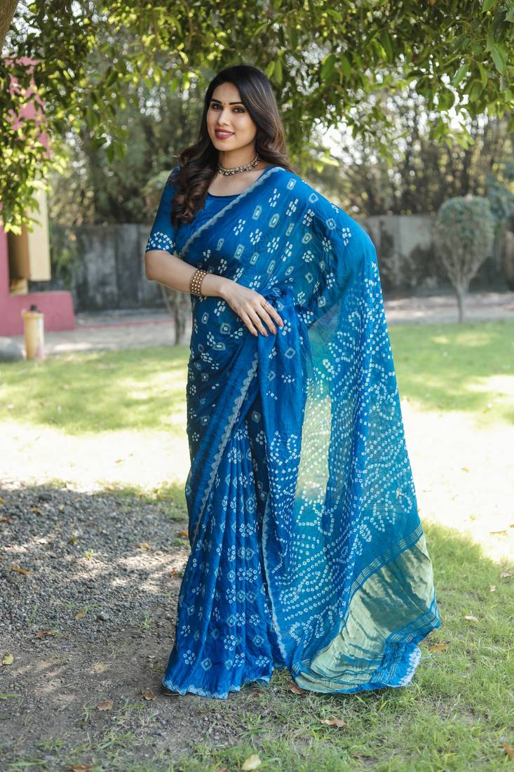 Anaita Teal Woven Design Pure Bandhej Silk Saree With Blouse