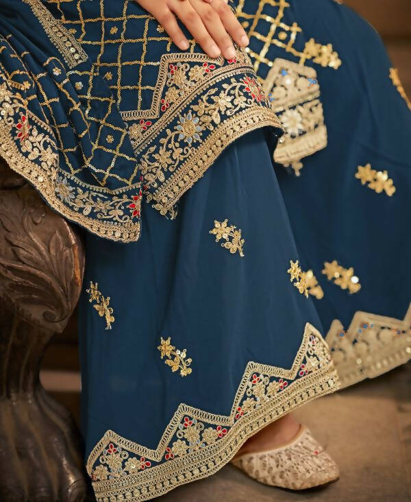 Teal Heavy Chinon Semi Stitched Kurta with Bottom & Dupatta - Dhvani