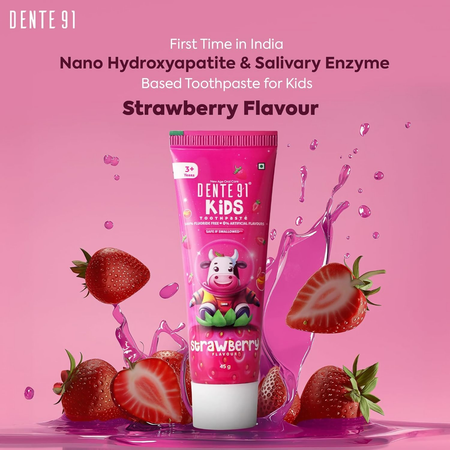 Dente91 Kids Toothpaste Protects Against Dental Caries & Hypersensitivity Fluoride Free Strawberry Flavour 