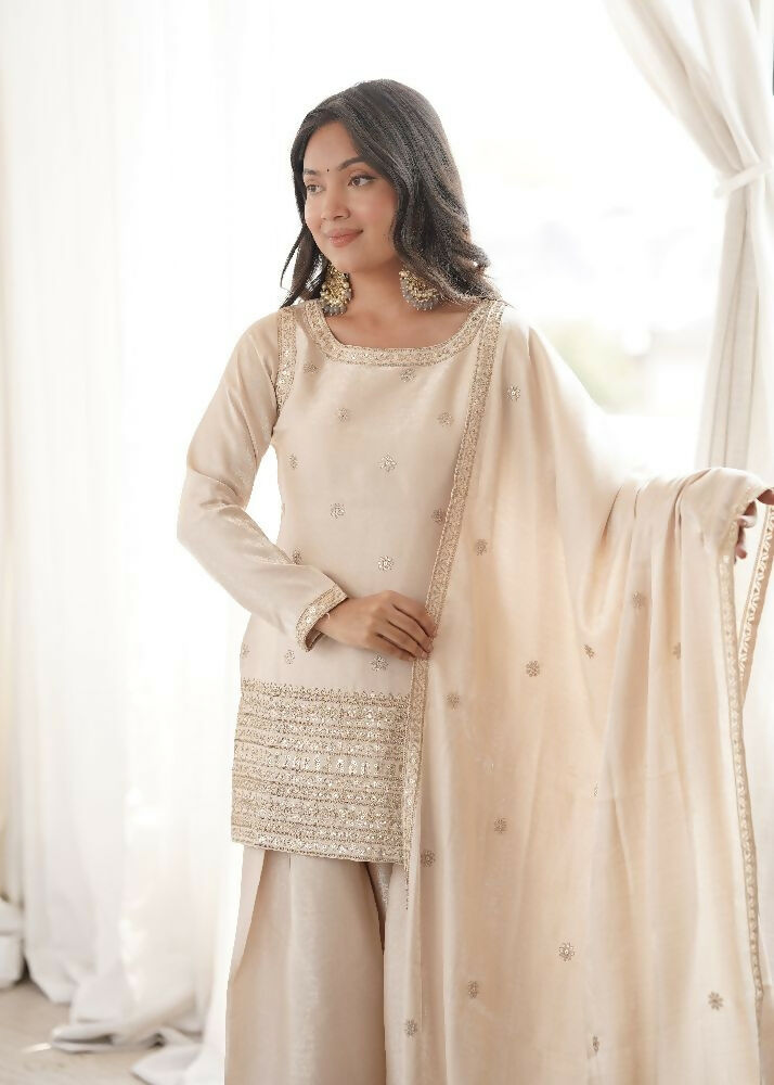 Teeya Creation Beige Silk Embroidered Kurta Salwar Suit Set With Dupatta