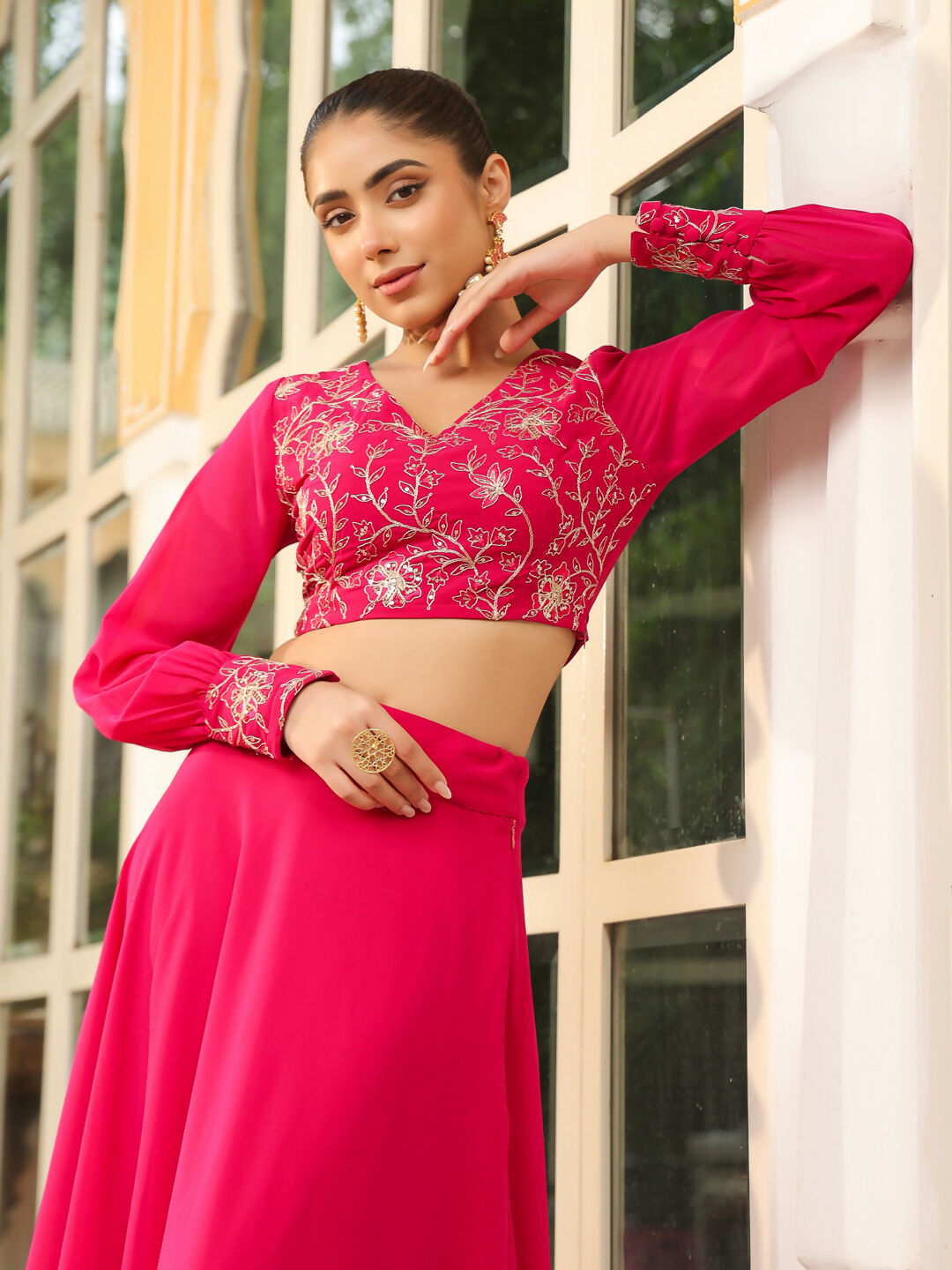 Janasya Pink Georgette Embroidered Top & Skirt 