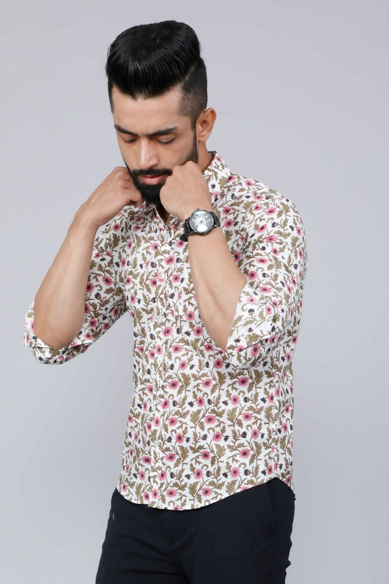Miravan Men's Cotton Printed Full Sleeve Slim Fit Spread Neck White & Pink Colour Shirt 