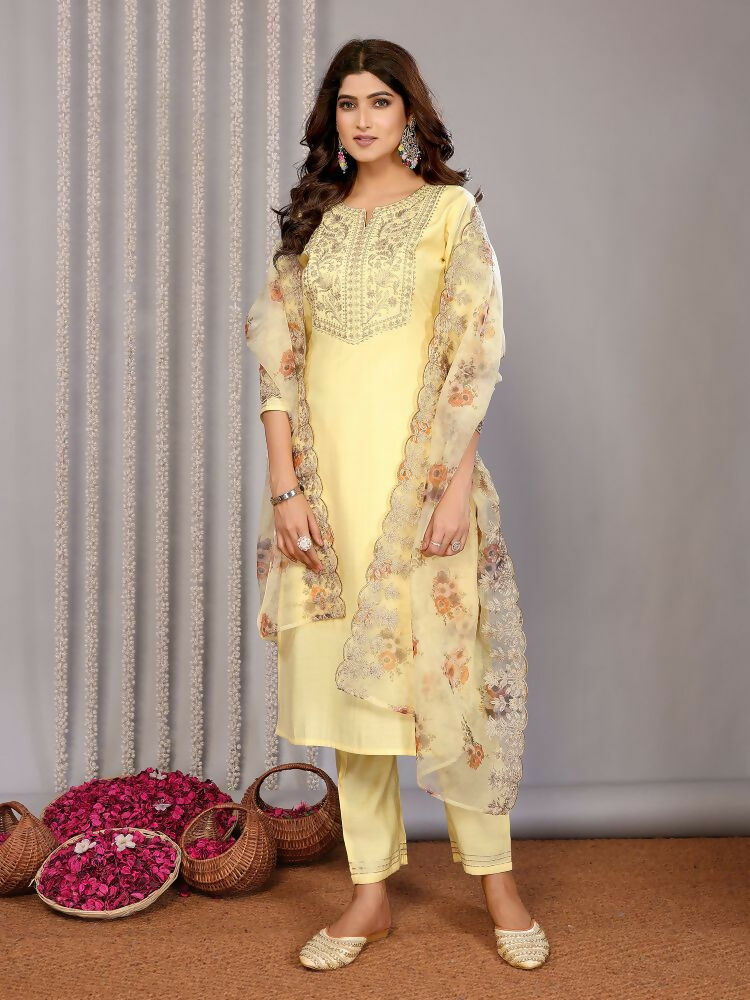 Joban Fashion Women Pale Yellow Roman Embroidery Stitched Kurta Set