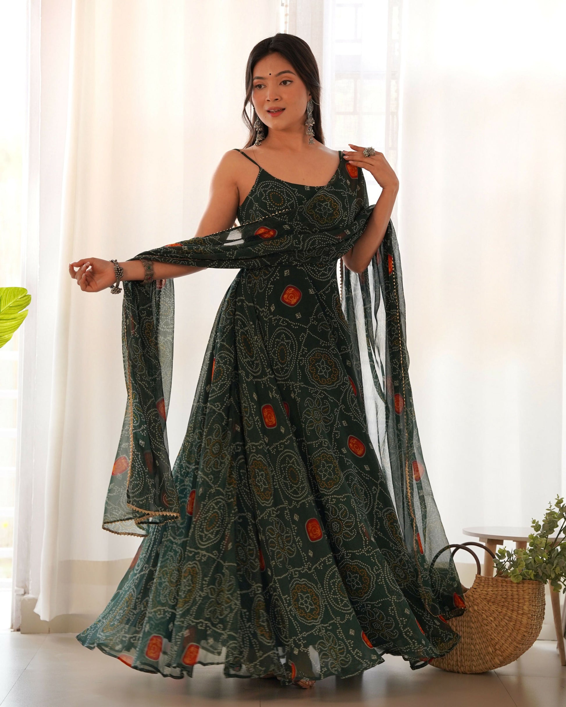 Joban Fashion Bottle Green Kurta Set Chiffon Sequin Embroidery Work | Grab2Buy