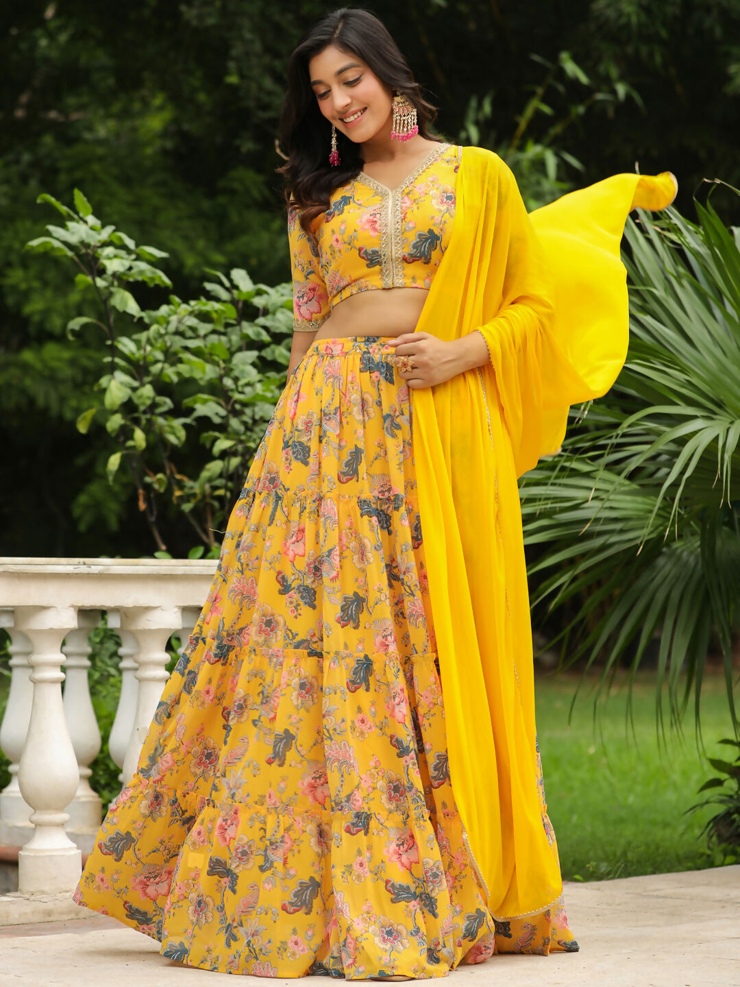Janasya Yellow Georgette Floral Lehenga Choli Dupatta 