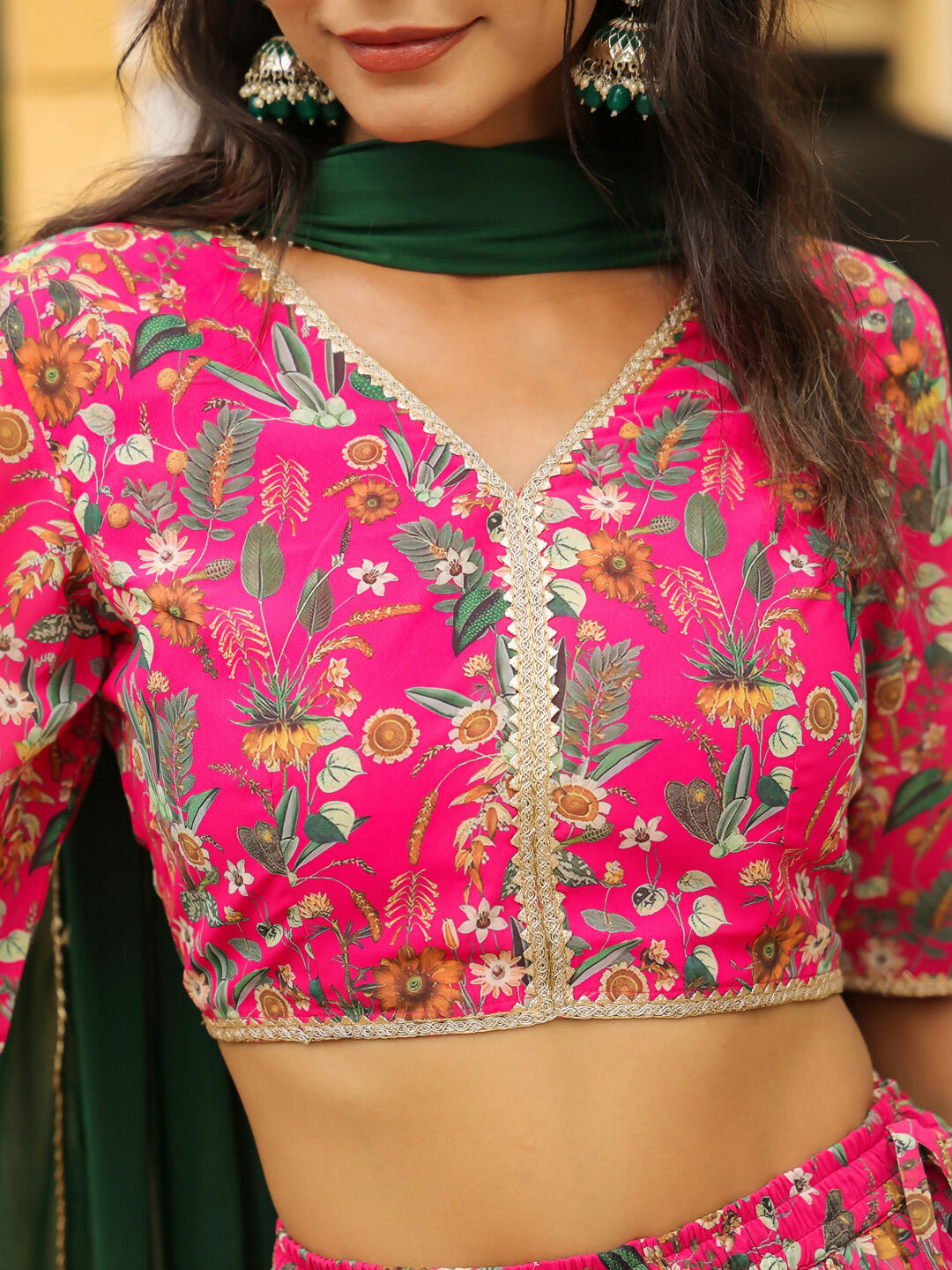 Janasya Pink Georgette Floral Lehenga Choli Dupatta 