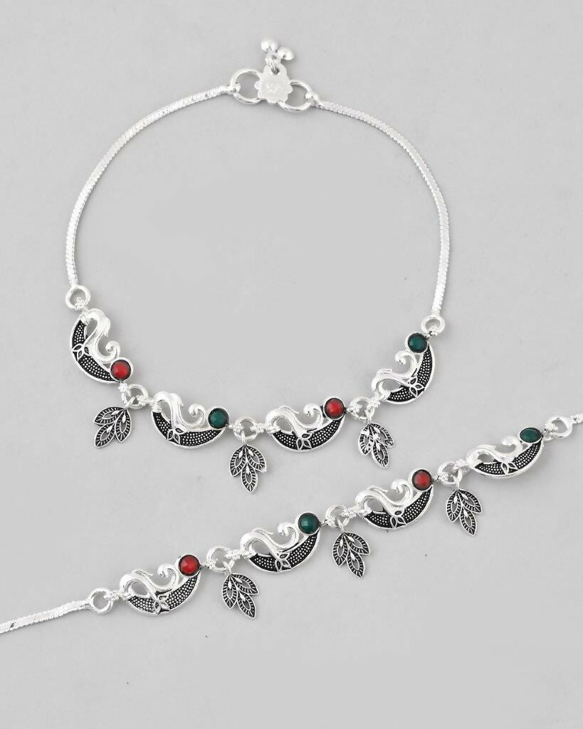 VOJ Set of 2 Silver Plated Meenakari Multi Color Anklet 