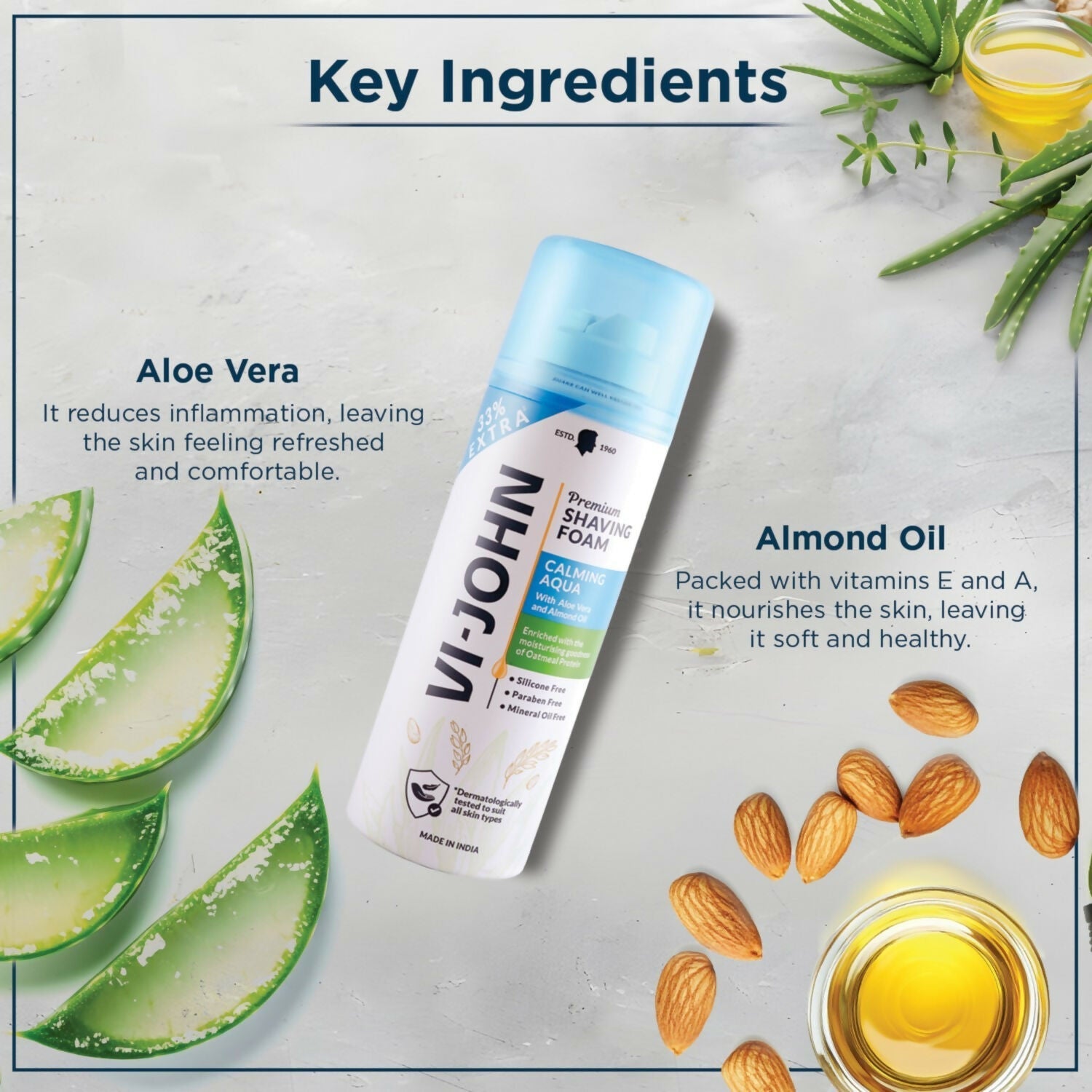 VI-JOHN Dermatologically Tested Premium Claming Aqua Shaving Foam Enriched with Aloevera & Almond Oil Free From Silicone, Paraben & Mineral Oil  Grab2Buy VI-JOHN Grab2Buy