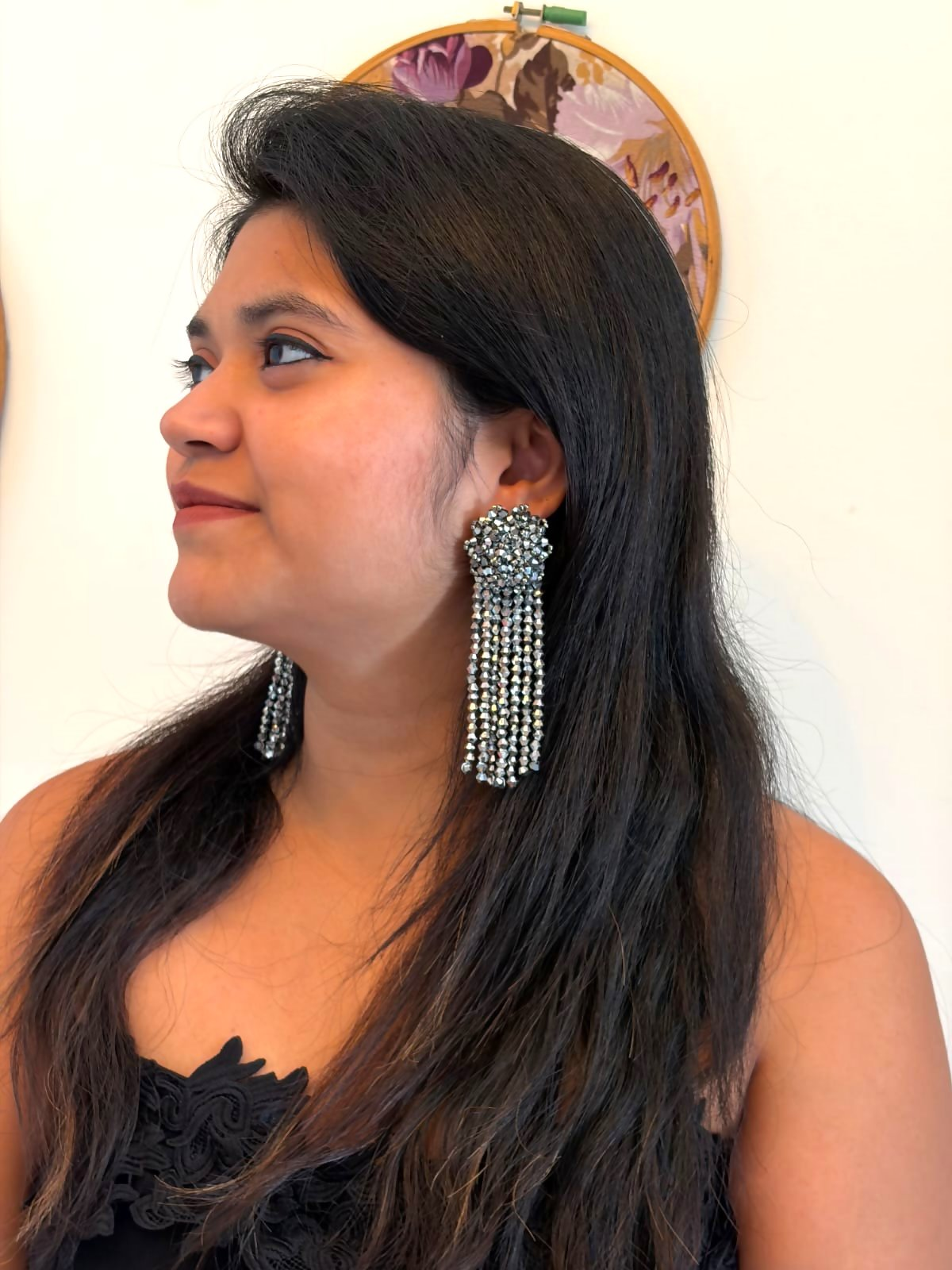 Inhanns Handmade Crystal Waterfall Earrings - Long - Titanium
