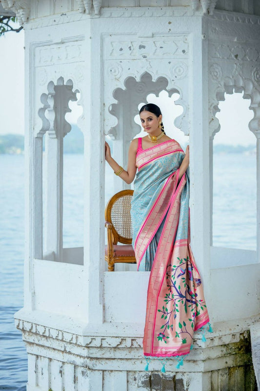 Aastha Fashion Turquoise Woven Kanjivaram Silk Saree with Blouse - Grab2buy