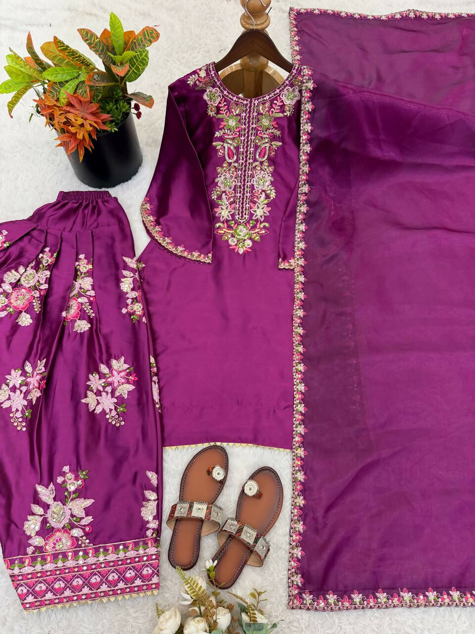 Teeya Creation Womens Trendy Stylish Embroidery Thread Work Purple Kurta Set