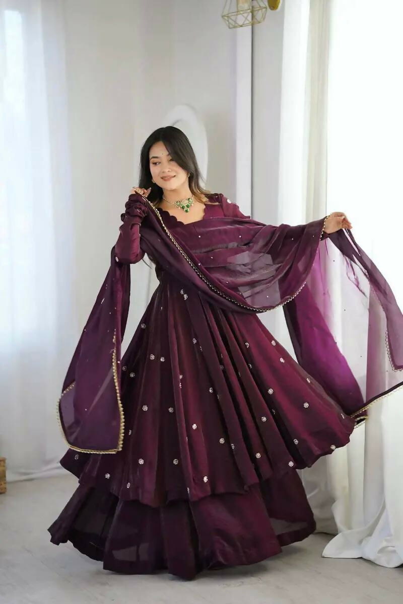 Teeya Creation Violet Crunchy Silk Embroidery Work Designer Suit