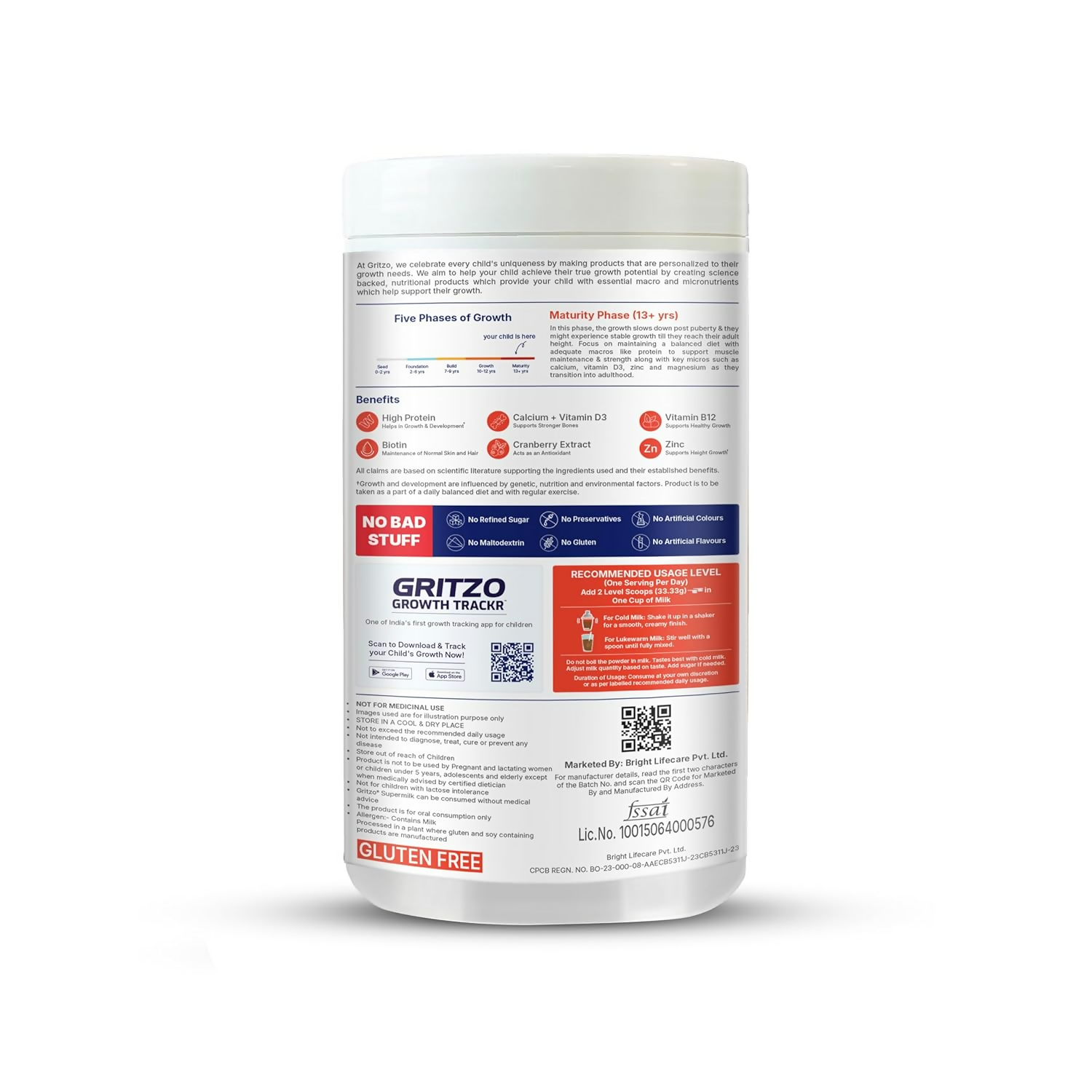 Gritzo SuperMilk Overall Growth (13+y Girls), 12g Protein Powder (Double Chocolate)