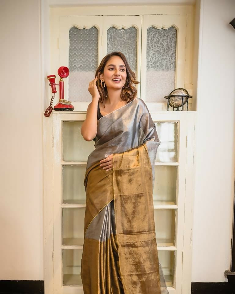 Exclusive Collection Beautiful Gray Copper Tissue Silk Hand Weaving Handloom Grab2Buy With Running Blouse Piece 