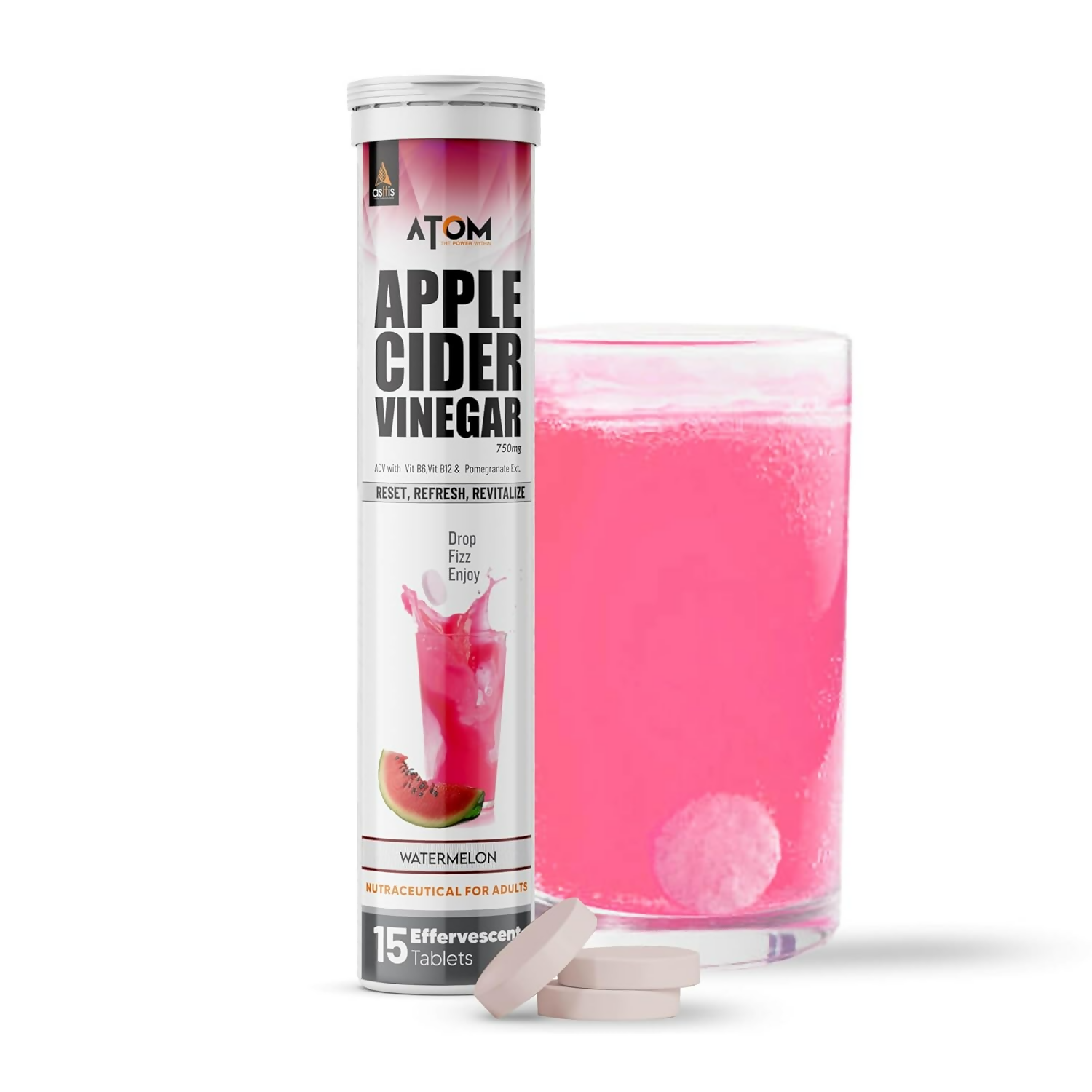 As-It-Is Atom Apple Cider Vinegar Effervescent Tablets Water Melon Flavor For Weight Loss 