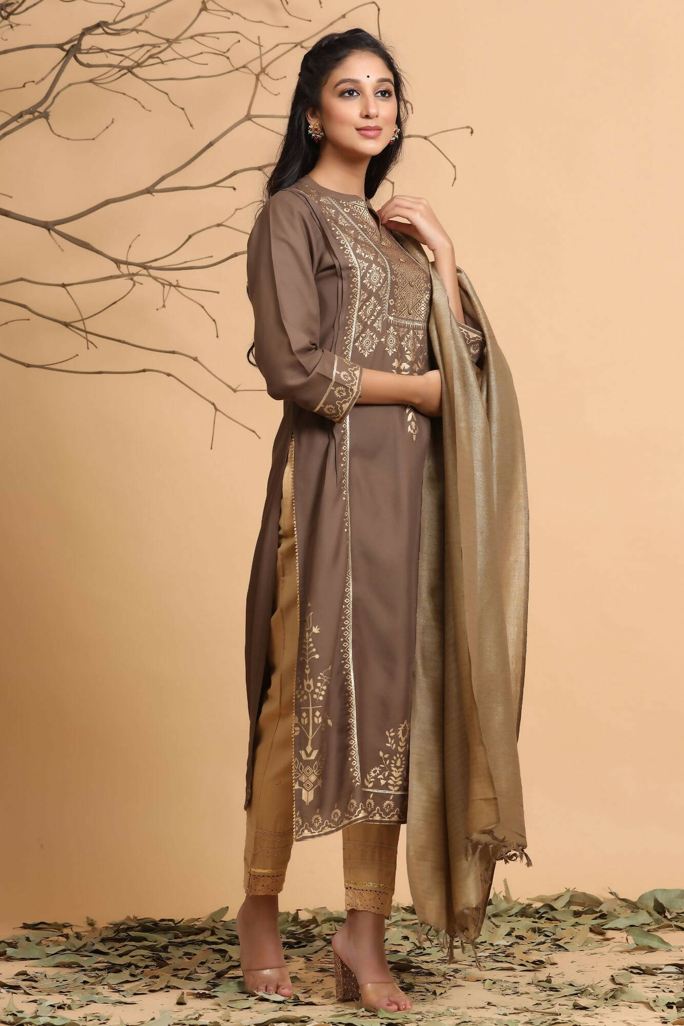 Juniper Women's Brown Rayon Printed Straight Kurta Set