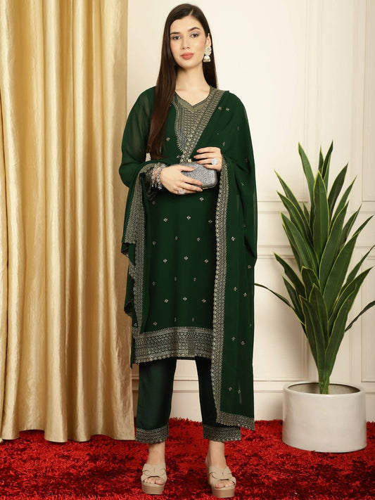 Aastha Fashion Women's Green Georgette Resham Thread & Sequin Kurta with Trouser & Dupatta - Grab2buy