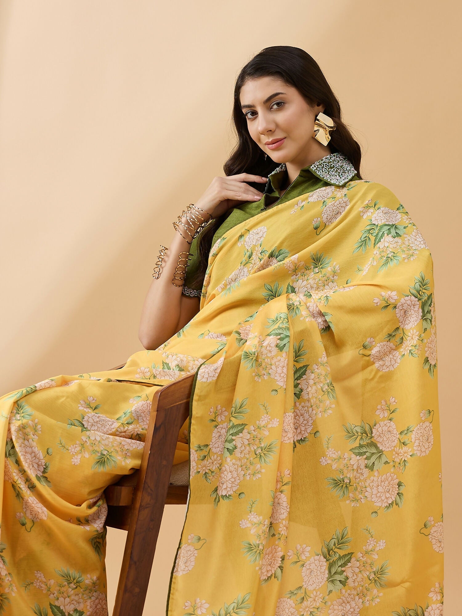 Mustard Chiffon Floral Printed Saree with Stitched Blouse - Dharavi