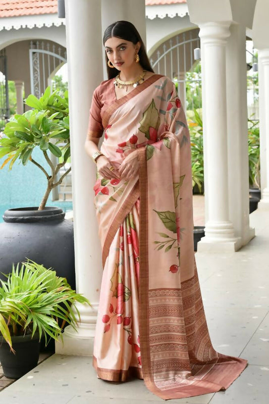 Vishnu Weaves Women's Coffee Satin Silk Printed Grab2Buy with Blouse 