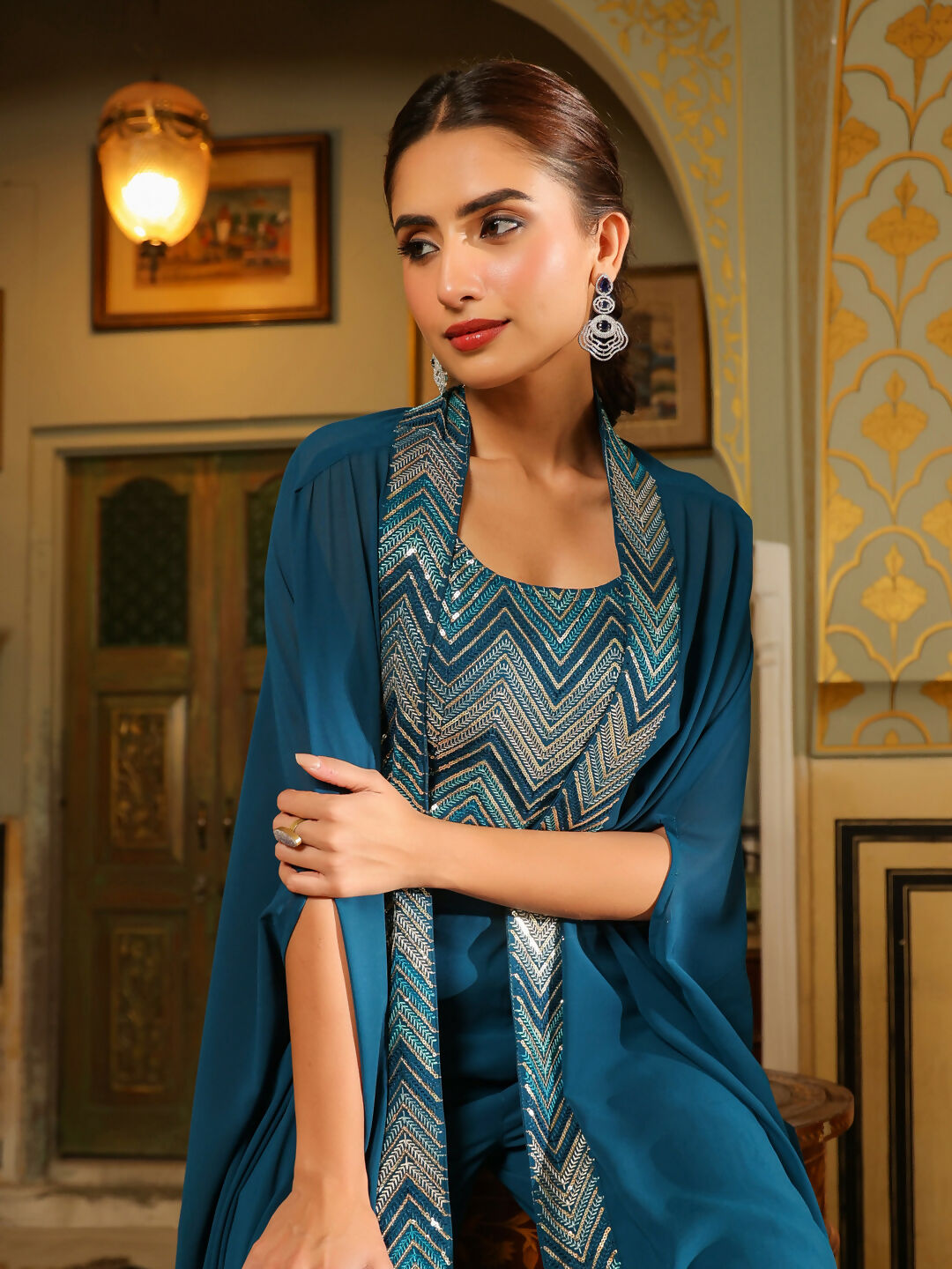 Janasya Teal Blue Georgette Embroidered Top Bottom Cape 